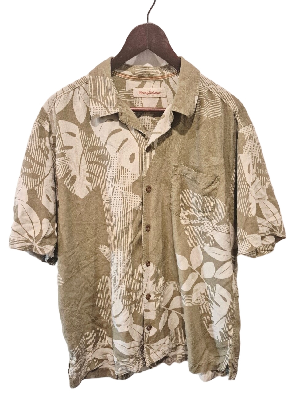 Tommy Bahama Silk Olive Green and White Tropical Button-Down Shirt